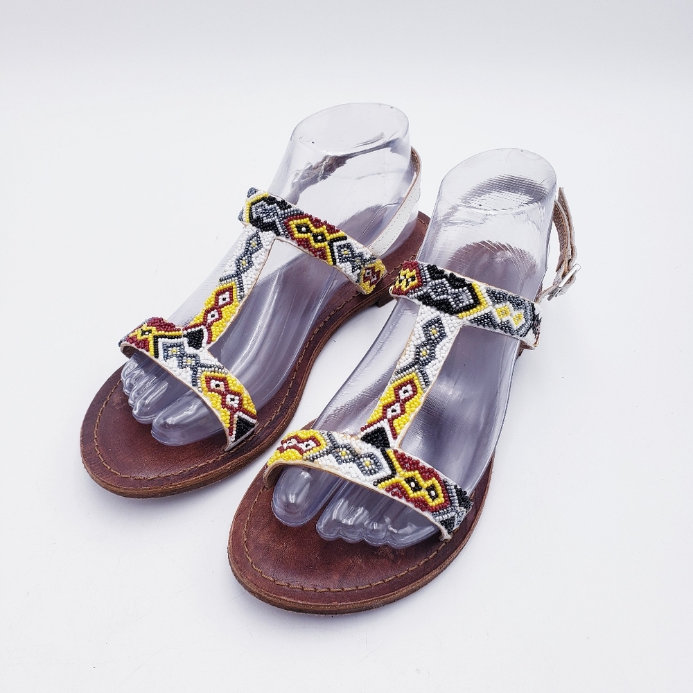 Freebird By Steven Juno Flat‎ Sandal Beaded TStrap Slingback Womens Size 39 8.5